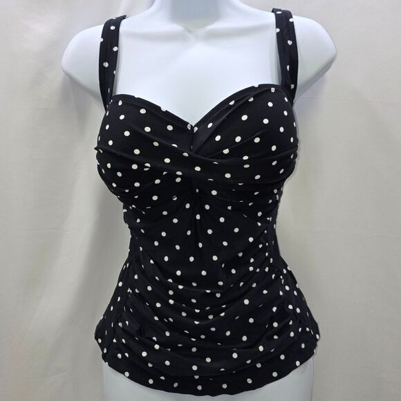 NIP TUCK Pin-Up Perfection! Black & White Polka Dot Ruched Tankini Top Size 10 - Picture 2 of 11